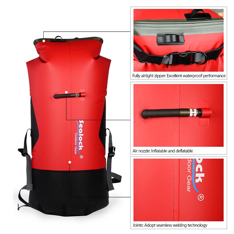 airtight zipper and welded seam on waterproof dry backpack