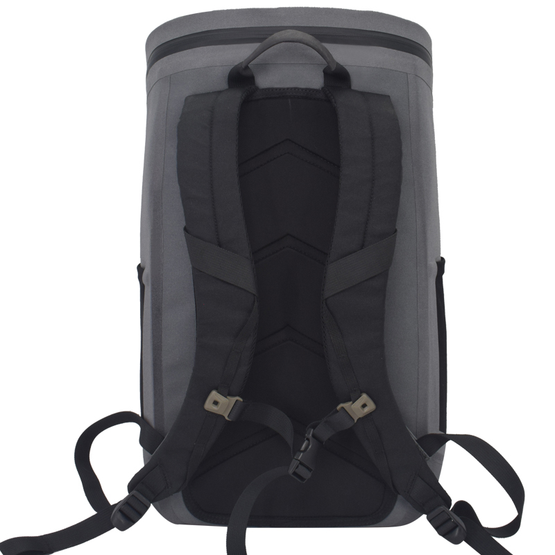 contoured padded back panel and harness on waterproof backpack
