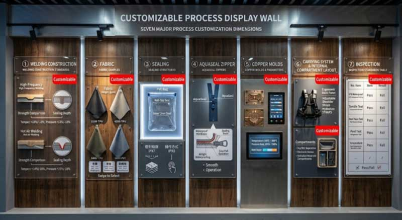 Seven customizable core processes of an OEM waterproof backpack — welding, fabric, sealing, zipper, tooling, harness and layout, inspection