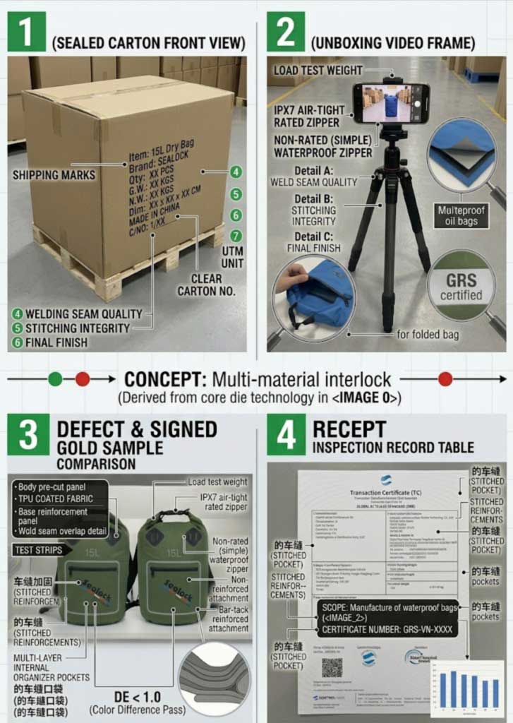 Photographing cartons with shipping marks before opening, recording the unpacking, comparing a defective unit against the gold sample, and logging defect counts by carton